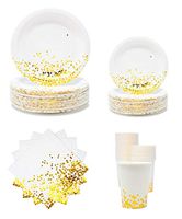 Party Chic Gold Dot Disposable Paper Plates Cups and Napkins; 200 PCS; Tableware Sets include 50 Dinner Plates, 50 Dessert Plates, 50 10oz Paper Cups, 50 Napkins, for Birthday Party Wedding