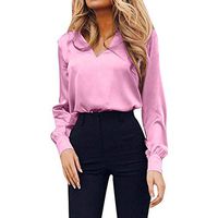 Anxinke Fashion Womens Button Shirt Sexy V-Neck Blouse Casual Long Sleeve Elegant Tops(Pink,L)