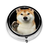 Daily Pill Organizer Shiba Inu Shaking Hands Round Medicine Box Case Compact 3 Compartment Vitamins Tablet Holder Container Metal Portable for Daily Needs Travel Purse Pocket