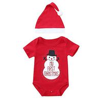 Driuankeji 2PCS Christmas Outfit Baby Cartoon Snowman Letter Print Romper + Hat Set Kids Holiday Clothes Red