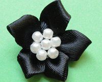 50pcs Satin The Ribbon Flowers with The Appliques Craft DIY Wedding Pearls (Black)