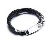 BBX JEWELRY Free Engraving Unisex Stainless Steel Tag with Black Braided Leather Triple Wrap Medical Alert Bracelets