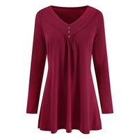 Meikosks Women's V Neck Button Tops Long Sleeve Solid Blouses Loose Plus Size Pullover T Shirt Wine