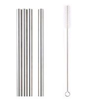 Vinjeely 4 Pcs Long Metal Stainless Steel Drinking Straws Set 4 Straight+1 Clearing Brushes Reusable Washable for Party Bar Home 8.5"x2.5"