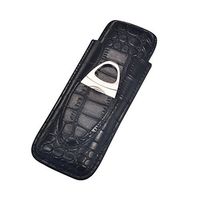 Volenx Travel Cigar Case for 2 Cigars, Leather Humidor Cigar Case with Stainless Steel Cigar Cutter（Black）