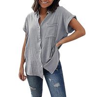 🌸EDC Women's 2019 Summer Simple Classic Pure Color Blouse 🌸Oversize Lapel Short Sleeve T-Shirts Tops Shirts with Pocket (Gray, L)