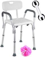Dr. Maya Adjustable Shower Chair with Back and Arms - Free Suction Assist Grab Bar - Anti-Slip Bench - Bathtub Seat for Bathroom Safety
