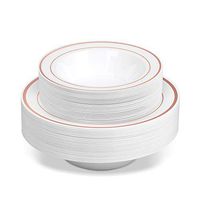 50 Disposable White Rose Gold Rimmed Heavy Duty Plastic Bowls | 25 14 oz. Soup Bowls and 25 6 oz. Dessert/Appetizer Bowls | Premium Combo Disposable Dinnerware Set | Great for Parties