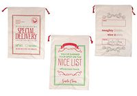 Santa Gift Sacks - 3-Pack Large Cotton Canvas Christmas Drawstring Bag, Holiday Presents Delivery Sacks, Assorted Designs, Beige with Red String, 19.25 x 26.7 Inches