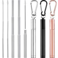 3 Pieces Portable Stainless Steel Straw Set Telescopic Metal Drinking Straws Reusable Straw with Cleaning Brush, Stainless Steel Carrying Case and Keychain (Silver Straw, Silver Black Rose Gold)