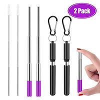 Telescopic Reusable Straws 2 Pack, Portable Stainless Steel Metal Drinking Straw with Soft Silicone Tips, Travel Case, Cleaning Brush and Keychain for Travel, Household, Office