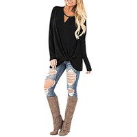 Women Casual Solid V Neck Loose T-Shirt Long Sleeve Autumn Twisted Tops Blouse Tunic Sweatershirts