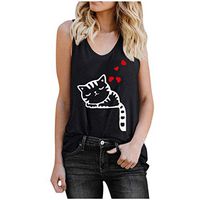 LONGDAY Women's Cat Print Lightweight Sweatshirt Sleeveless Casual Pullover Shirt Clothes Casual Cat Print Tank Tops Black