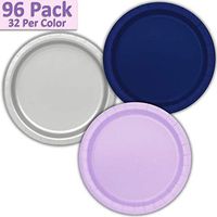 96 Paper Dinner Plates (9") - Navy Blue, Silver, Lavender - 32 Per Color, 3 Colors - Great Assortment for Birthday Parties, Weddings, Holidays, Baby Shower, Celebrations, and more