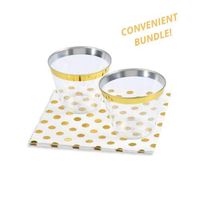 9oz Gold Rimmed Plastic Cup-Gold Plastic Cups- 100 Count-with 100 Disposable Gold Foil Polka Dot Cocktail Napkins- Party Napkins for Wedding Receptions- Holidays and All Occasions- 200 Pack