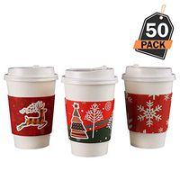 50 Piece 12oz Disposable Christmas Design Coffee Cups Set with Lids and Sleeves, Serves 50