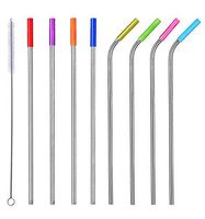 Chavin Stainless Steel Straws, 10.5” Long Reusable Replacement Metal Straws for 20 & 30 oz Tumbler, Set of 4 Straight, 4 Bent with Silicone Tips & 1 Cleaning Brush
