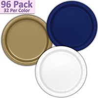 96 Paper Dinner Plates (9") - Navy Blue, Gold, White - 32 Per Color, 3 Colors - Great Assortment for Birthday Parties, Weddings, Holidays, Baby Shower, Celebrations, and more