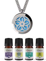 Wild Essentials Lotus Essential Oil Diffuser Necklace Stainless Steel Locket Pendant with 24" Chain+ 4 Essential Oils (Lavender Peppermint Inner Calm Zen) Gift Set