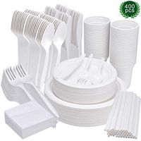 400Pcs Disposable Plates Dinnerware Set, Eco Friendly Cutlery Compostable Sugarcane Tableware for Party Wedding Camping Picnic BBQ Supplies Biodegradable Paper Plates Napkins Knives Forks Spoons