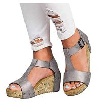 Cenglings Wedge Sandals.Womens’ Plus Size Open Toe Breathable Beach Sandals Hollow Out Strappy Casual Platform Dress Shoes(Gray,39)