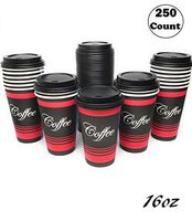 Large 16 oz 250 Count by EcoQuality - Classic Durable Disposable Paper Cups & Black Dome Lids For Hot/Cold Drink, Coffee, Tea, Cocoa, Travel - Large 16 Ounce Cups, 250 Count Cups & 250 Black Lids