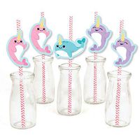 Narwhal Girl - Paper Straw Decor - Under The Sea Baby Shower or Birthday Party Striped Decorative Straws - Set of 24