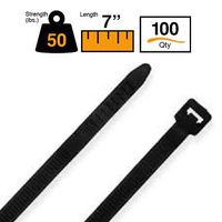 BuyCableTies 7" Standard Indoor/Outdoor Cable Ties - 50 lb Rated - Made in USA - Black - UV Resistant - 100 per bag