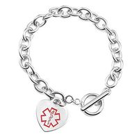 StickyJ USA Womens Medical Alert Toggle Style Heart Charm Bracelet 7 in