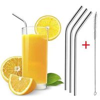 Set of 3 Bent Stainless Steel Straws Reusable Drinking Mental Straws Recylable Smoothie Straws Cleaner Brush Included - Ecofriendly, Washable 1PC (Silver)