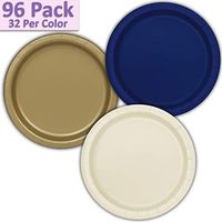96 Paper Dinner Plates (9") - Navy Blue, Gold, Ivory - 32 Per Color, 3 Colors - Great Assortment for Birthday Parties, Weddings, Holidays, Baby Shower, Celebrations, and more