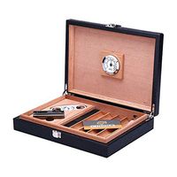 Smoking Set/Portable Travel Cedar Wood Lined with Compact Cigarette Case Leather Cigar Cutter and Humidifier Hygrometer Tray Can Hold 20 Cigars Men's Gift Box Black Mute