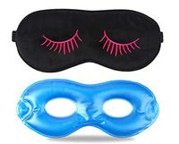 Fitglam Pure Silk Sleep Mask + Reusable Cold/Hot Therapy SPA Gel Eye Mask Set - Improve Sleeping, Alleviate Puffy, Swollen Eyes, Fatigue, Headache and Tension (Black with Rose Eyelashes & Gel)