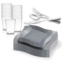 Kaya Collection - Wave Silver Disposable Plastic Dinnerware Party Package - Includes Dinner Plates, Salad/Dessert Plates, Silver Cutlery, Tumblers (120 Person Package)