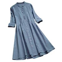 Clearance!! Womens Linen Dresses Plus Size, Vintage Solid Stand Collar Pleated Button Long Sleeve Casual Loose Mini Dress M-5XL (Sky Blue, 2X-Large)