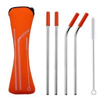 Connoworld Reusable Stainless Steel Straws Kit Tools, Includes 2 Straight Drinking Straws + 2 Bent Drinking Straws + 1 Cleaning Brush + 4 Detachable Silicone Tips Covers Orange