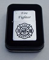 Fire Fighter Shield Engraved Chrome Plated Brass Refillable Lighter in Black tin case Fireman
