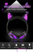 Wireless Over Ear Bluetooth Headsets LED Light Cute Cat Ear Headphones for Girls, Up Foldable Over Ear Use for Phones, PC, MP3, MP4. (Purple Ear)