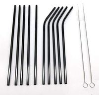YUEKUI Set of 10 Stainless Steel Metal Straws，Reusable Drinking Straws for Cold Beverage(5 Straight|5 Bent | 2 Brushes) (Black, 8.5)