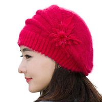 Liraly Crochet Hats for Women with Flower Knit Beanie Hat Winter Warm Cap Beret Red