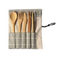 Gotian Portable Bamboo Cutlery Travel Eco-friendly Fork Spoon Set Include Reusable Bamboo Slice, Fork, Spoon, Chopsticks, Straw, Cleaning Brush, Bamboo Cutlery Set (C)