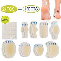 Blister Bandages, Gel Blister Cushion, 24 PCS Blister Pads and 12Dots Acne Plaster - 8 Size Waterproof Hydrocolloid Seal Adhesive Bandages for Foot, Toe, Heel Blister Prevention & Recovery