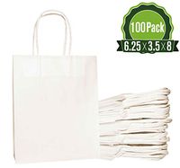 White Kraft Paper Gift Bags Bulk with Handles 6.25x3.5x8 [100 Bags]. Ideal for Shopping, Packaging, Retail, Party, Craft, Gifts, Wedding, Recycled, Business, Goody and Merchandise Bag