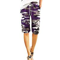 Women's Shorts Casual Camouflage Stretchy High Waist Pants Elastic Drawstring Pocket Trousers Purple 8/10