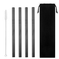 Mokpi Reusable Boba Smoothie Metal Straws with Brush and Pouch 8.5’’x 0.5’’ Extra Wide Stainless Steel Drinking Straws for Bubble Tea and Milkshake (Black)
