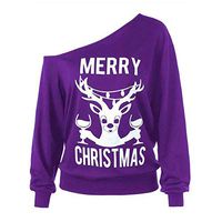 CHIDY Womens Off Shoulder Merry Christmas Funny Alpaca Print Sweatshirt Blouse Pullover Sweater Tops(Large,Purple)