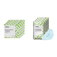 Amazon Brand - Solimo Plastic Applicator Tampons, Super Absorbency, Unscented, 144 Count (4 Packs of 36) & Solimo Ultra Thin Pads with Flexi-Wings for Periods, Long Length, Super Absorbency,Unscented
