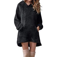 Cenglings Women V Neck Long Sleeve Faux Fur Loose Long Hoodie Faux Fur Pullover Pocket Sweatshirt Solid Fleece Dress Tops Black