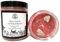 Self Love Affirmation Candle: 8 oz Natural Soy with Pink Thulite Crystals,Herbs & Essential Oils for Acceptance, Self-Worth, Healing & Forgiveness for Wiccan, Pagan & Magic Spells & Rituals