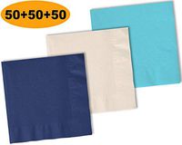 150 Beverage Napkins, Navy blue, Ivory, Island Blue - 50 Each Color. 2 Ply Paper Cocktail Napkins. 5" folded, 10" unfolded.